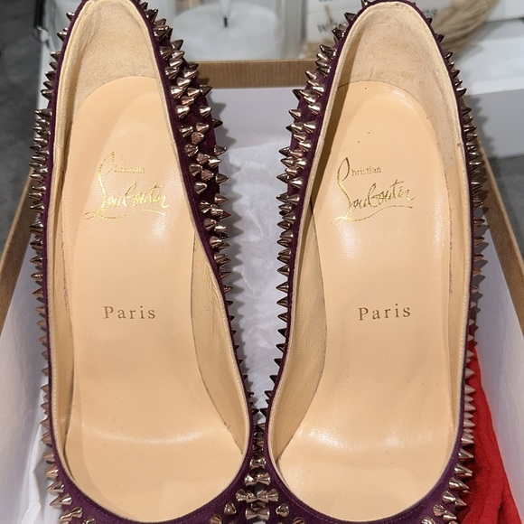 CHRISTIAN LOUBOUTIN Suede Velour Studded Spike Pumps 36 6 100 High Heels Merlot - Picture 10 of 10